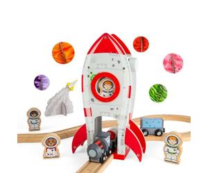 Bigjigs Rail Rocket Ship, Wooden Space Themed Railway Accessory | Spaceship & Astronaut Figure, Imaginative Play, Compatible with Most Major Wooden Railway Brands, Gift for Children Age 3+