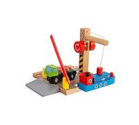 Bigjigs Rail Shipping Container Yard, Wooden Crane & Train Track Accessory | Wooden Crane & Container Yard, Compatible with Most Major Wooden Railway Brands, Educational Gift for Kids