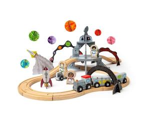 Bigjigs Rail Space Train Set | 40pc Wooden Railway for Toddlers | Montessori Station Toy | Futuristic Rocket & Astronauts | FSC Certified Wood | Kids Galactic Play Fun | Early Learning Gift Ages 3+