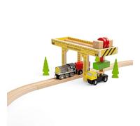 Bigjigs Rail Working Gantry Crane, 2 Piece Wooden Crane & Container Lorry | 2 Piece Wooden Crane & Container Lorry, Learn & Play Accessory, Compatible with Most Major Wooden Railway Brands Age 3+