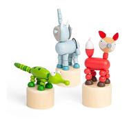 Bigjigs Toys Animal Push Ups, Elephant, Croc & Fox, 3 Piece Wooden Set