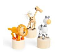 Bigjigs Toys Animal Push Ups (Lion, Zebra, Giraffe) - 3pcs Wooden Animals, Retro Pocket Money Gifts For Girls & Boys, Kids Party Bag Fillers, Age 3 Years Old +