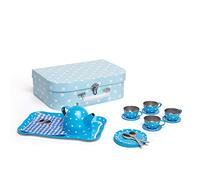Bigjigs Toys Blue Polka Dot Kids Tea Set with Carry Case - 15 Piece Tin Children's Tea Set for Pretend Play with Matching Tray & Carry Basket, Boys & Girls Tea Set
