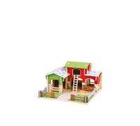 Bigjigs Toys Wooden Cobblestone Farm with Working Gates, a Stable, Hay Loft