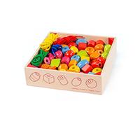Bigjigs Toys Crate of Lacing Beads, Wooden Colourful Lacing & Threading Toy | Develops Fine Motor Skills, Wooden Lacing & Threading Activity, Educational Gift for Children, Age 3+
