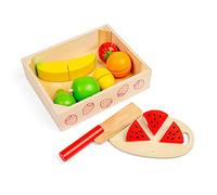Bigjigs Toys Cutting Fruits Crate, 7 Piece Fruit Set with Knife & Board | With Velcro Fastenings Fruit Set, Wooden Knife & Chopping Board Included, Kitchen Role Play Accessory, Age 18+ Months