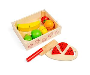 Bigjigs Toys Cutting Fruits Crate, 7 Piece Fruit Set with Knife & Board | With Velcro Fastenings Fruit Set, Wooden Knife & Chopping Board Included, Kitchen Role Play Accessory, Age 18+ Months