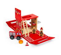 Bigjigs Toys Fire Station On The Go | Kids' Wooden Travel Playset | Felt Carry Case Play Set with Wood Engine Toy, Firefighter Figures & Accessories | Emergency Services Gifts for 2+ Year Old Children