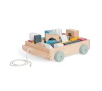 Bigjigs Toys FSC® Certified Wooden Pull Along Cart with 30 Baby Blocks - Educational Shape Game & Pull Along Toy for 18 Months +, Toddler, Beige, Brown