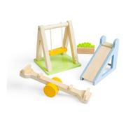 Bigjigs Toys Garden Set, 4 Piece Wooden Dolls House Swing, Slide & Seesaw | Miniature Wooden Swing, Slide & Seesaw, Dolls House Garden Accessory, Gift for Children, Age 3+