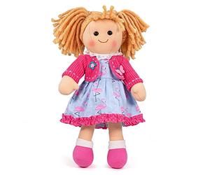 Bigjigs Toys Maggie Doll | Medium Plush Ragdoll | Cuddly & Unique Kids Soft Toy | First Birthday Gifts for Babies & Newborn Children | Strawberry Blonde Haired Dolly Girl with Pink & Blue Clothes