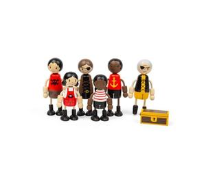 Bigjigs Toys Pirate Dolls, 6 Wood Pirate Figures with Treasure Chest