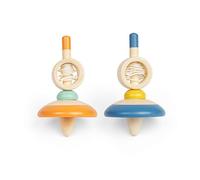 Bigjigs Toys Pull String Spinning Tops (Dark Blue & Orange) - 2pcs Wooden Spinners, Retro Pocket Money Gifts For Girls & Boys, Kids Party Bag Fillers, Age 3 Years Old +