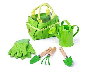 Bigjigs Toys Small 5 Piece Childrens Gardening Set with Bag, Garden Tools, Watering Can & Gardening Gloves - Fun Gardening For Kids, Quality Outdoor Toys
