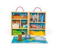 Bigjigs Toys Travel Playbox - 10pcs Wooden Playset with World Landmarks & Fold-Out Play Mat, Multi