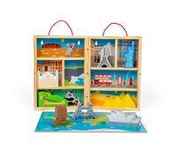 Bigjigs Toys Travel Playbox - 10pcs Wooden Playset with World Landmarks & Fold-Out Play Mat, Multi