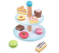 Bigjigs Toys Wooden Cake Stand with 9 Cakes, Two-Tier Afternoon Tea Set | Doughnut, Macarons, Battenberg, Cupcake & Victoria Sponge, Quality Play Food Set, Educational Gift for Children, Age 3+