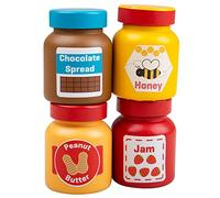Bigjigs Toys Wooden Jars & Spreads, Chocolate, Honey, Peanut Butter & Jam | Chocolate Spread, Honey, Peanut Butter & Jam, Wooden Play Food for Kitchen & Shop Role Play, Imaginative Gift for Kids