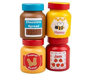 Bigjigs Toys Wooden Jars & Spreads, Chocolate, Honey, Peanut Butter & Jam | Chocolate Spread, Honey, Peanut Butter & Jam, Wooden Play Food for Kitchen & Shop Role Play, Imaginative Gift for Kids