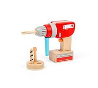 Bigjigs Toys Wooden Kids Drill - Toy Drill with 3 Magnetic Drill Bits, Clickable On/Off Button, Detachable Pretend Battery, Ideal for Kids Tool Sets, Unique Wooden Toys for 3 Year Olds