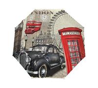 BIGJOKE 3 Folds Auto Open Close Umbrella England UK London Vintage Big Ben Windproof Travel Lightweight Rain Umbrella Compact for Boys Girl Men Women