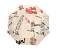 BIGJOKE 3 Folds Auto Open Close Umbrella Vintage London Big Ben England Flag Windproof Travel Lightweight Rain Umbrella Compact for Boys Girl Men Women