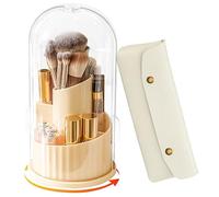 BigKing Makeup Brush Holder with Lid, Rotating 360 Degree Dust Free Cosmetic Organiser, Portable Large Storage Box for Bathroom Dressing Table Brush Display (Cream White)