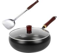 BigKing Uncoated Iron Pan with Glass Lid and Wooden Handle, 28 cm, Hand-Forged Non-Stick Iron Pan without Coating for Kitchen All Hob Types