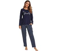 BigKing Women's Long Sleeve Cotton Pajama Set, Cute Cat Polka Dots Casual Wear, Soft Round Neck Women's Pajamas, Comfortable Home Clothes (UK, Alpha, XL, Regular, Regular, Blue)