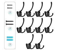 BIGLUFU Coat Hooks Heavy Duty,10Pcs Three Prongs Hooks Black Coat Hook Wall Mounted,with 40 Screws(Two Types of Screws Included),for Hanging Coat,Hat,Towel,Scarf,Bag,Key