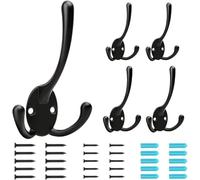 BIGLUFU Coat Hooks Heavy Duty,5Pcs Three Prongs Hooks Black Coat Hook Wall Mounted,with 20 Screws(Two Types of Screws Included),for Hanging Coat,Hat,Towel,Scarf,Bag,Key