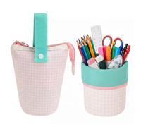 Bigmeta Gingham Standing Soft Pencil Case for Girls - 2-in-1 Cute Aesthetic Pencil Pouch with Zipper, Stationery Holder Bag for Middle & Elementary Students Back to School Supplies (Pink)