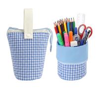 Bigmeta Gingham Standing Soft Pencil Case for Girls - 2-in-1 Cute Aesthetic Pencil Pouch with Zipper, Stationery Holder Bag for Middle & Elementary Students Back to School Supplies (Blue)