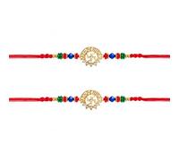 BIGNAY Auspicious Golden Swastica My Brother Text Centerpiece Designer Rakhi | Traditional Fancy Multi Color Beads Single Bairaki with Red Thread for Raksha Bandhan | 2 Pack