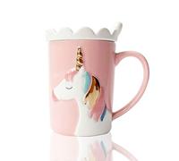 BigNoseDeer Cute Mugs Ceramic Unicorn Mug Funny Coffee Mug Unique Milk Tea Cups with Lace Lid and Spoon for Kids, Women,Girls (Pink)