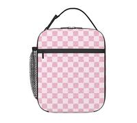 BigOtters Abstract Geometric Pink Checkered Lunch Bag Insulated Portable Reusable Lunch Box with Zipper for Picnic Work Office Travel School