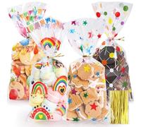 Bigqin 100 Pack Sweet Bags, 27 x 12.5 cm Balloon Candy Bag Transparent Gift B ags Plastic Packaging Ba gs with 120 Twist Ties for Party Supplies - 4 Colorful Patterns