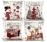 Bigqin 4 Set Throw Pillow Cushion Cover 45 * 45cm, Christmas Pillow Case New Year Square Cushion Protector Invisible Zipper for Sofa Bedroom Living Room Home Decoration,Red Beige, 18"