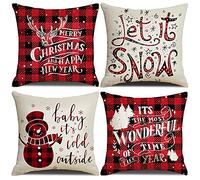 Bigqin 4 Set Throw Pillow Cushion Cover 50 * 50cm, Christmas Pillow Case New Year Square Cushion Protector Invisible Zipper for Sofa Bedroom Living Room Home Decoration,Red Beige, 20"