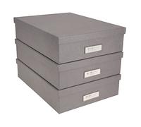 Bigso Box of Sweden Oskar Fiberboard Label Frame Document Letter Box | File Organizer for Important Paperwork with a Lid & Label Window | 3.3"x10.2"x13.8" | 3 Pack | Grey
