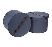 Bigso Box of Sweden Set of 2 Storage Boxes - Round Storage Box with Leather Straps - Large and Small Hat Box Duo Made of Fibreboard and Paper in Linen Look - Blue