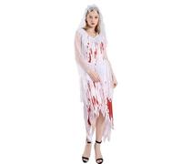 BigTree Bloody Bride Fancy Dress Costume + Veil Women Bloody Bride Horror Outfit Halloween Female White Blood Stained Dress Up Suit Performance Costume Halloween Adult Cosplay Theme Party Supplies