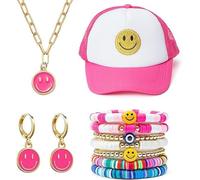 BigVivi 11 Pack Preppy Jewelry Set Smile Face Trucker Hat Stackable Bracelets Necklace Earrings Y2K Mesh Back Baseball Cap Colorful Handmade Charms Stretch Bracelets, Birthday Gifts for Women Girls