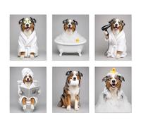 BigWig Prints Australian Shepherd Bathroom Wall Art, Funny Dog Decor for Bathroom, Humorous Aussie Spa Prints, Set of 6 Unframed (8x10)