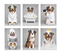 BigWig Prints Australian Shepherd Bathroom Wall Art, Funny Dog Decor for Bathroom, Humorous Aussie Spa Prints, Set of 6 Unframed (5x7)