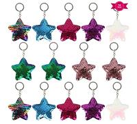 Girls' Keyring, 14 x Reversible Glitter Keyrings, Star Keyrings, Fashion Pendant, Theme Keychains for Birthday Party Gifts, Bag Fillers, Pink, Pink, colourful, blue, red, purple, green, white, L