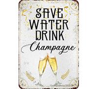 BIGYAK Save Water Drink Champagne Tin Retro Look 8X12 Inch Decoration Crafts Sign for Home Kitchen Bathroom Farm Garden Garage Inspirational Quotes Wall Decor