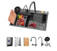 BIGYOUZI Black 304 Stainless Steel Undermount Drop-in Rectangular Single Bowl Kitchen Sink (Size: 85x45x22CM, 26.7x17.7inch) with Waterfall Black Pull-Faucet and Cutting Board & Full Sink Accessories