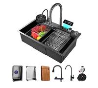 BIGYOUZI Black 304 Stainless Steel Undermount Single Kitchen Sink (Dark Gray, 85x46x22CM) with Waterfall Black Pull-Faucet and Cutting Board & Full Sink Accessories (Size: 26.7x17.7 inch)