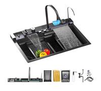 BIGYOUZI Kitchen Sink 304Stainless Steel Sink can be Single Bowl Sink or Double Bowl Sink with Drainer and Small Sink,Cup Washer and Soap Dispenser (80 * 46 * 22CM, Black Gray)